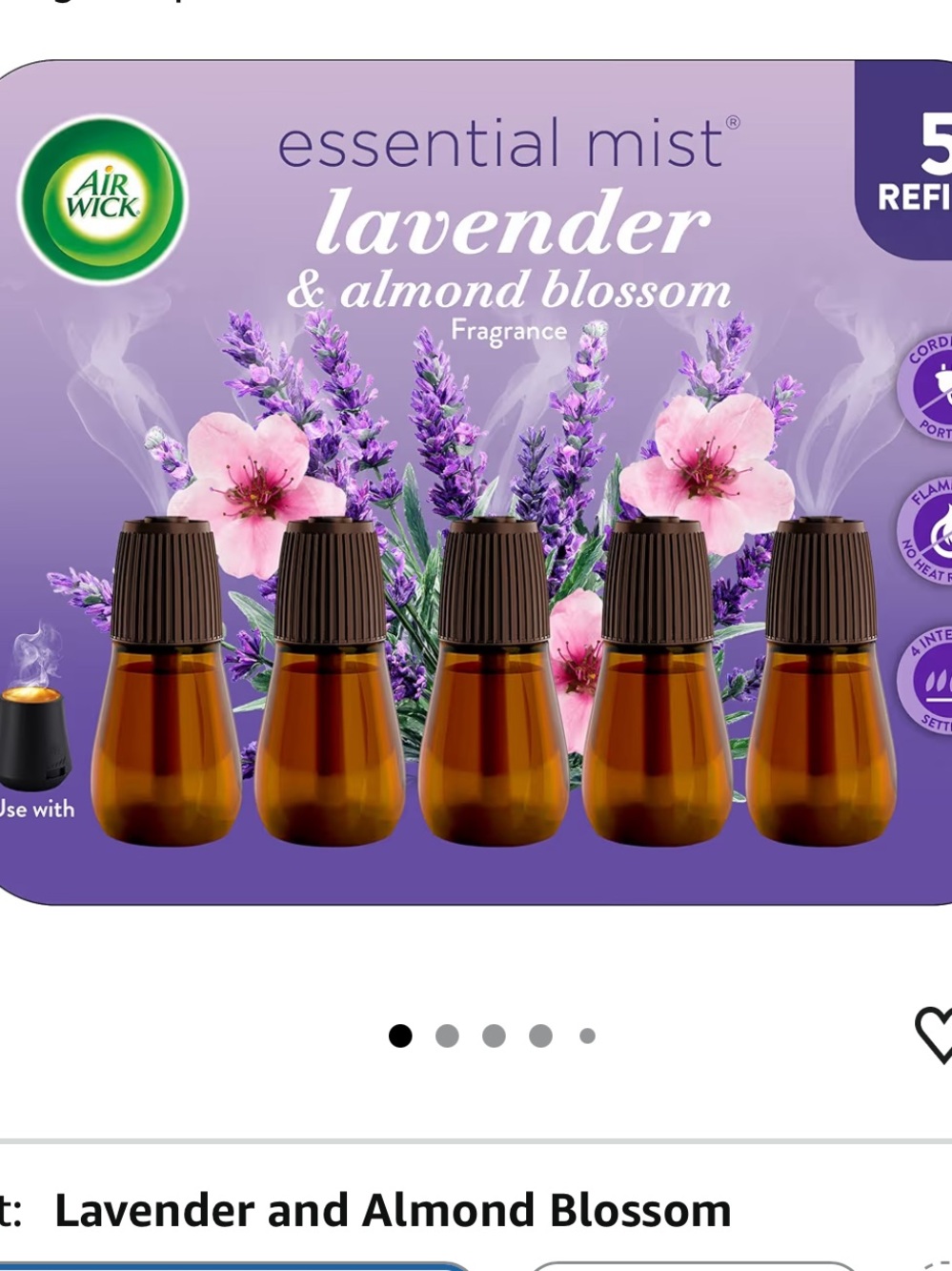 Air Wick Essential Mist Refill, 5 ct, Lavender and Almond Blossom, Essential Oil